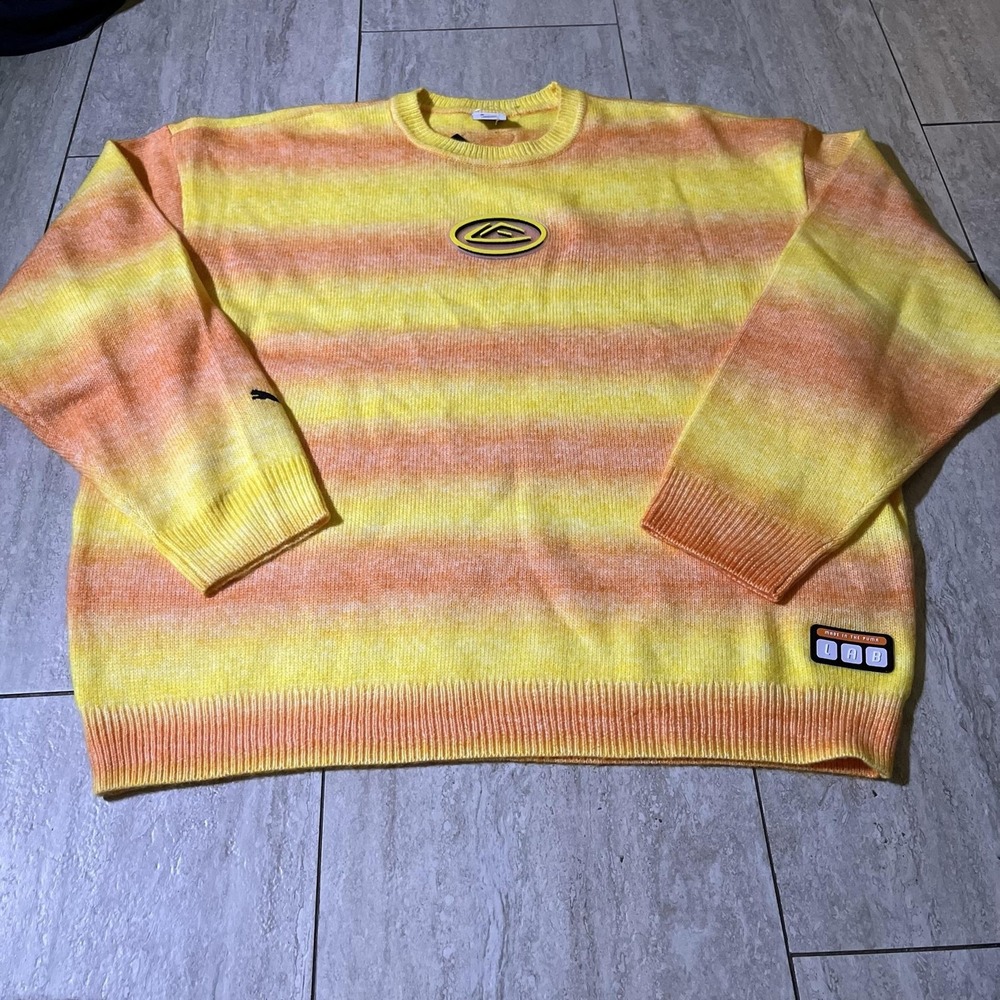 Puma LaFrance Sweater Mens XL Yellow Orange Stripe Knit Crewneck 632476-01 New